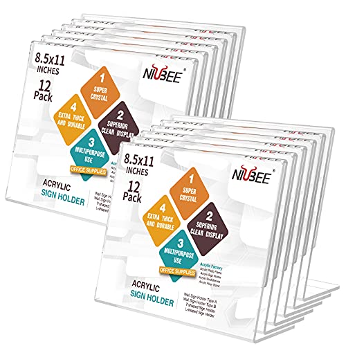 NIUBEE Acrylic Sign Holder 8.5x11 Inches 12 Pack Horizontal, Slant Back Clear Frames, Plastic Paper Flyer Display Holder, Document Menu Table Stand for Office, Store, Restaurant -Landscape
