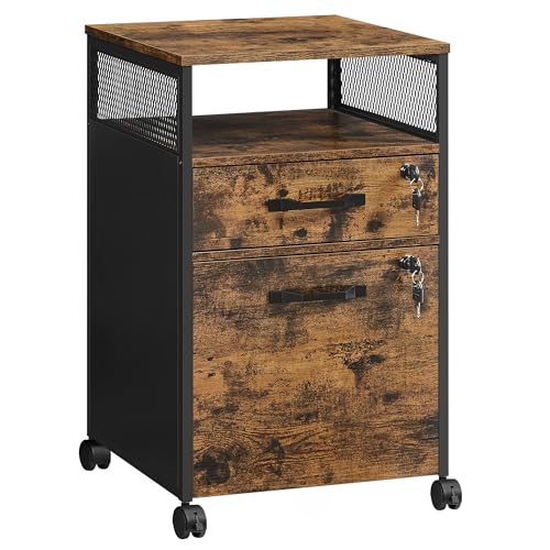 VASAGLE File Cabinet, Mobile Filing Cabinet on Wheels, for Home Office, 2 Lockable Drawers, for A4, Letter-Size Hanging File Folders, Open Shelf, Steel Frame, Rustic Brown and Ink Black UOFC077B01