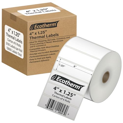 4" x 1.25" Thermal Labels | 6 Rolls | 12600 Labels | fits Zebra, Munbyn, Rollo, Godex, Arkscan, iDPRT, Offnova Thermal Label Printers and More | Blank White Adhesive Stickers by Ecotherm
