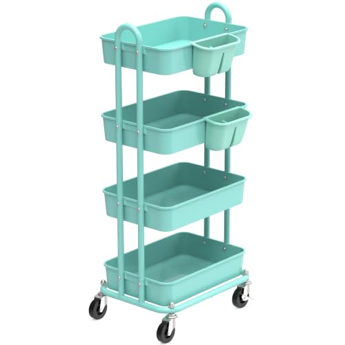Simple Houseware 4-Tier Multifunctional Rolling Utility Cart with Hanging Buckets, Turquoise