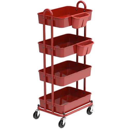 Simple Houseware 4-Tier Multifunctional Rolling Utility Cart with Hanging Buckets, Red
