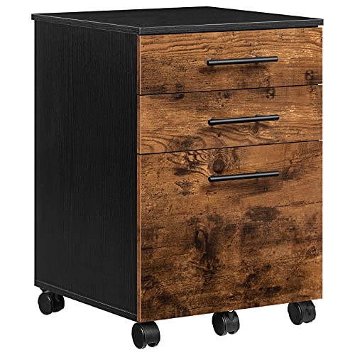 HOOBRO 3-Drawer File Cabinet, Wooden Under Desk Filing Cabinet, fits A4/Letter Size for Home Office, Small Rolling Storage Drawer Chest, Printer Stand with Drawers, Rustic Brown and Black BF02WJ01G1