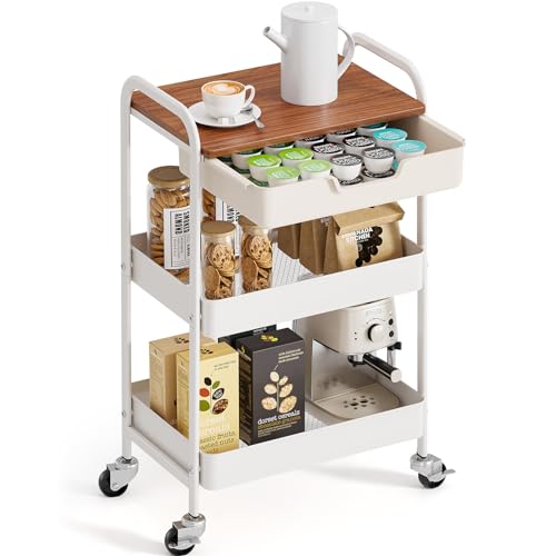 TOOLF 3-Tier Metal Utility Rolling Cart with Drawer & Wooden Table Top