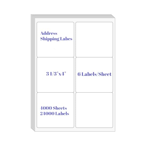 6 UP Labels, 4" x 3-1/3" Shipping Address Labels for Laser Inkjet Printer, Self Adhesive, Blank Mailing Sticker Paper (4000 Sheet=24000 up)