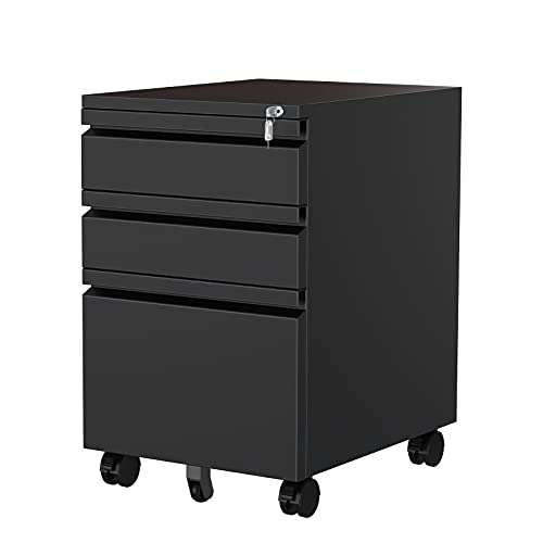 MIIIKO 3 Drawer File Cabinet, Metal Filing Cabinet with Lock Rolling Wheels, Office Storage Under Desk,Deep Drawers for Hanging Legal Letter Fill, Full Assembled Except Casters