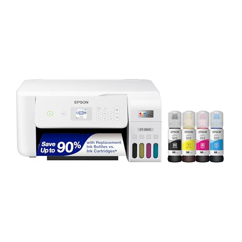 Epson EcoTank ET-2800 Wireless Color All-in-One Cartridge-Free Supertank Printer with Scan and Copy a The Ideal Basic Home Printer - White, Medium