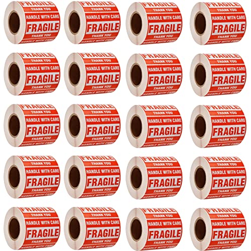 Immuson Warning Fragile Tape, 3" X 2" Fragile Handle with Care Warning Stickers for Shipping and Packing,500 Labels Per Roll (20 Rolls)
