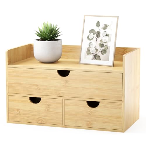 Bamboo Desk Organizer with Drawers Small Desktop Drawers for Countertop Mini Tabletop Storage Container with Drawer for Home Office No Assembly Required