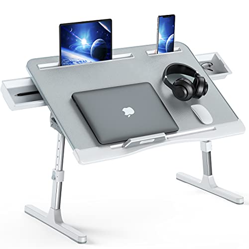 Laptop Bed Tray Desk, Foldable and Adjustable Lap Table with Heights and Angles, Upgraded-Sturdy Laptop Lap Desk for Bed/Sofa/Couch/Floor (2 Drawers, X-Large, Grey)