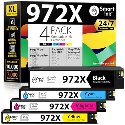 Smart Ink Compatible Ink Cartridges Replacement for HP 972X 972 X (4 Pack Combo) to use with PageWide Pro 477dw 577dw 452dw 477dn 452dn 577z 552dw P55250dw Printers (Black & Cyan Magenta Yellow)