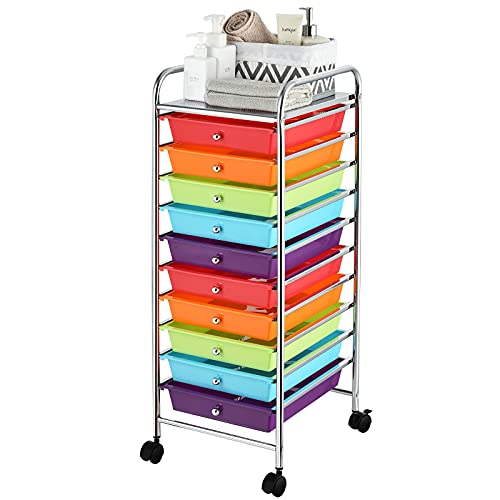 RELAX4LIFE 10 Drawer Rolling Cart, Slim Storage Cart w/Lockable Wheels for Classroom School Teacher Office, Art Supplies Paper Scrapbook Craft Organizers, Utility Cart with Drawers (Multicolor)