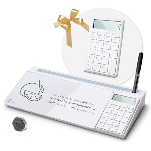 TOWON Desktop Glass Whiteboard with Basic Calculator, 12 Digit LCD Display, Desk Organizers with Accessories for Office, Home, School Supplies, Storage with Dry Erase Board Surface, White, 18'' x 6''