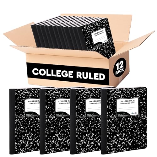 Emraw Composition Notebook College Ruled (12 Pack) Hard Cover Marble composition notebook, 100 Sheets, College ruled composition notebooks, White Paper Composition books, Black and white composition notebook