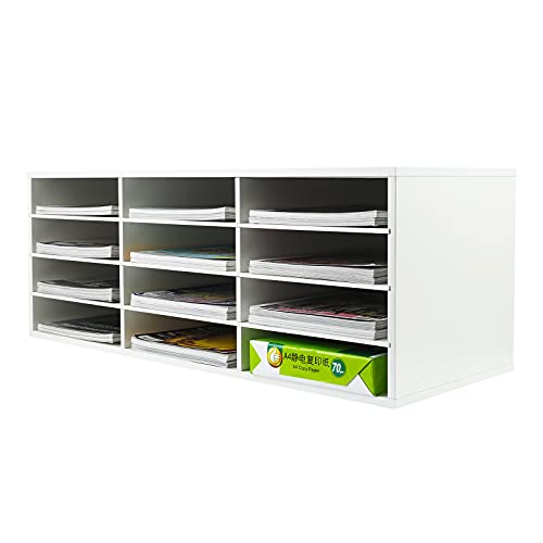 PAG Mail Sorter, Wood Countertop Literature Organizer, Student Mailbox for Classroom, Desktop Bill Paper Organizer for Office Home School, 12 Compartments, White