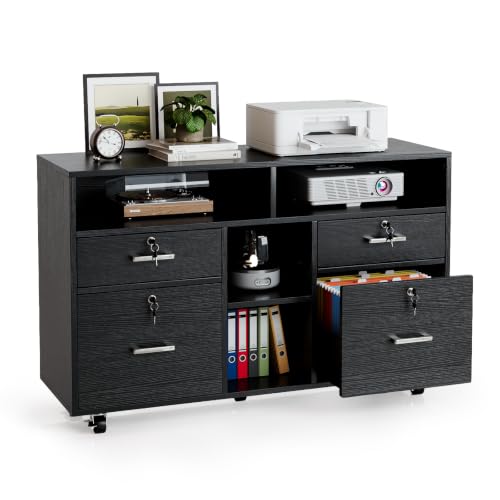 VINGLI Wood Mobile File Cabinet with 4 Drawers and Shelves, Printer Stand with Open Storage, Locking Lateral Filing Cabinet for Home Office, Black