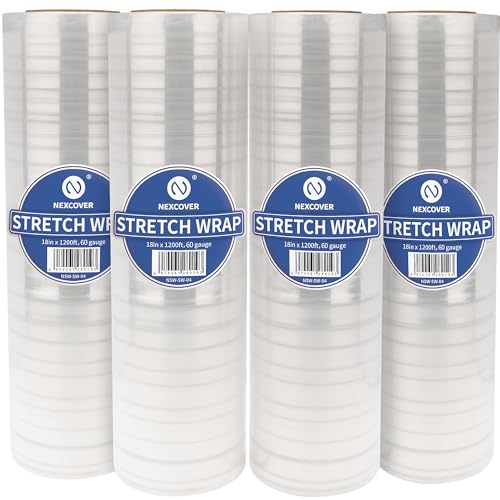 NEXCOVER 18 Inch Stretch Wrap - 1200 Feet | 60 Gauge, 4 Roll Clear Plastic Self-adhering Stretch Wrap Film for Pallet Wrap, Thick and Durable Packing Moving Supplies Heavy Duty Shrink Film.