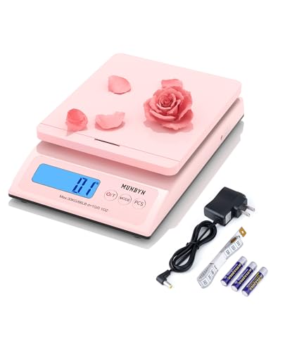 MUNBYN Shipping Scale, Accurate 66lb/0.1oz Postal Scale with Sweet Pink Style, Hold/Tear/PCS Function, Auto-Off, Battery & AC Adapter, Back-Lit LCD Display, Digital Scale for Packages and Food Pink
