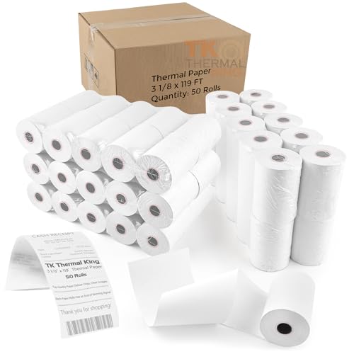 (50 Rolls) 3 1/8" x 119' Thermal Paper, POS Receipt Paper for Retail Business Cash Register, Fits Most Credit Card Terminal
