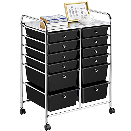 Yaheetech 12 Drawers Rolling Storage Cart Multipurpose Movable Organizer Cart Storage Bin Trolley Tools Scrapbook Paper Organizer on Wheels, Black