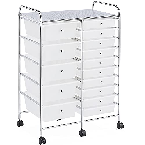 Yaheetech 15 Drawers Rolling Storage Cart Multipurpose Mobile Rolling Utility Storage Organizer Cart Tools Scrapbook Paper Organizer on Wheels, White