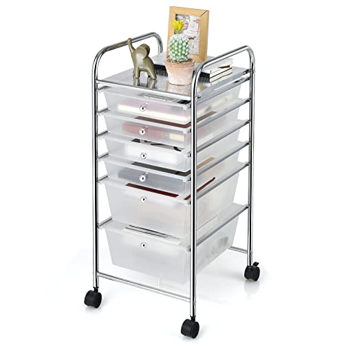 Giantex 6 Storage Drawer Cart Rolling Organizer Cart for Tools Scrapbook Paper Home Office School Multipurpose Mobile Utility Cart (Clear White)