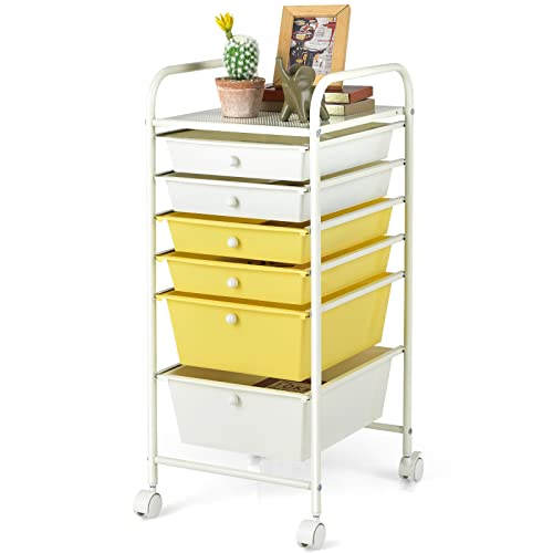 Giantex 6 Storage Drawer Cart Rolling Organizer Cart for Tools Scrapbook Paper Home Office School Multipurpose Mobile Utility Cart (Beige & Yellow)