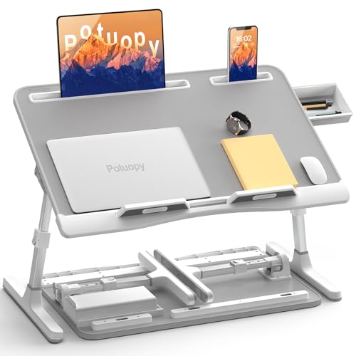 Laptop Stand for Bed, Potuopy Leather Adjustable Bed Desk Table Tray, X-Large Folding Lap Desk with Drawer for Eating Writing Drawing Working on Couch Floor, Grey