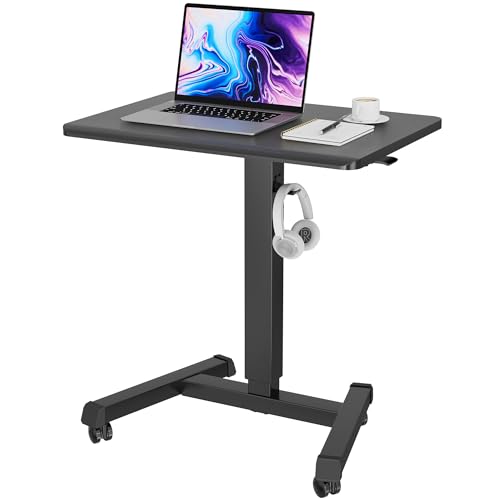 BONTEC Mobile Standing Desk Adjustable Height, Rolling Laptop Cart with Hook, Portable Workstation with Pneumatic Lift, Ergonomic Table with Wheels, Compact Home Office Desk, Black 25.6 in x 17.7 in
