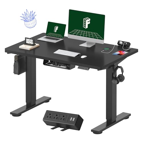 FLEXISPOT EN2 Whole-Piece Standing Desk with Clamp Power Strip, 48x30 Electric Stand Up Height Adjustable Desk with Cable Management (Black Frame + Black Top, 2 Packages)