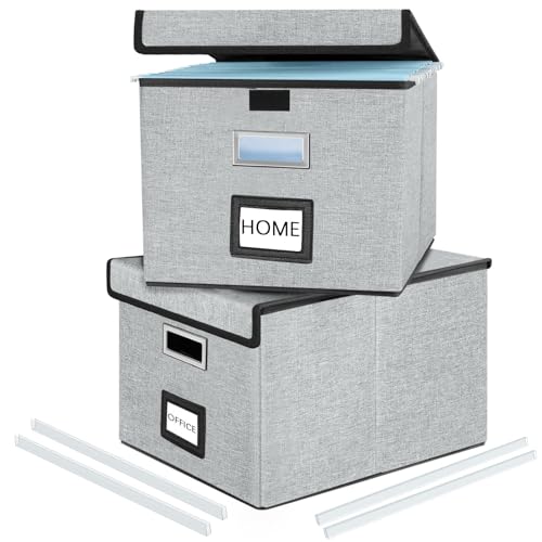 Huolewa Collapsible File Storage Organizer Boxes with Lids, Portable Large Linen Hanging Filing Storage Boxes, Decorative Home/Office Filling System for File and Folder Storage (Grey)-2 Pack