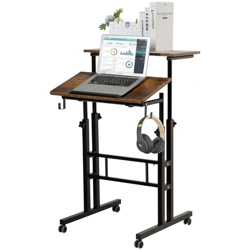 SIDUCAL Mobile Standing Desk, Portable Stand Up Desk, Small Adjustable Converter with Wheels Home Office Workstation, Rolling Laptop Cart for Sitting, Rustic Brown
