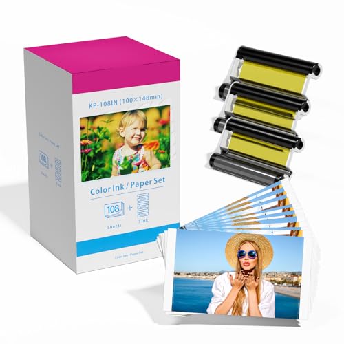 Compatible Canon Selphy CP1500 Ink and Paper For Selphy CP1300 CP1200 CP1000 CP910, KP-108IN KP108 3 Color Ink Cartridges and 108 Photo Paper Sheets (4'' x 6'' Glossy) for CP Photo Printers