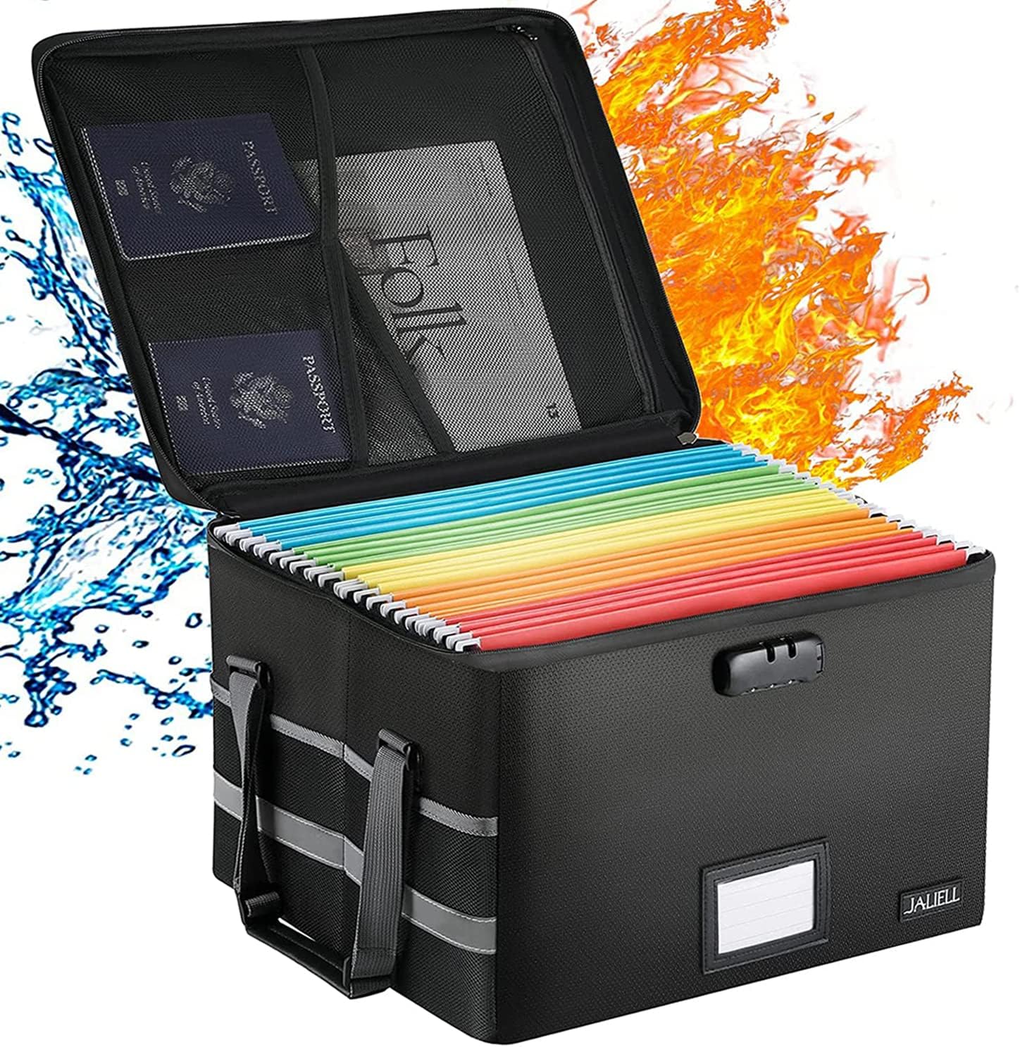 File Box with Lock - Fireproof Document Box File Organizer with Zipper & Adjustable Handle, Collapsible File Storage Box for Home Office, Filing Cabinet for Hanging Letter/Legal Folder