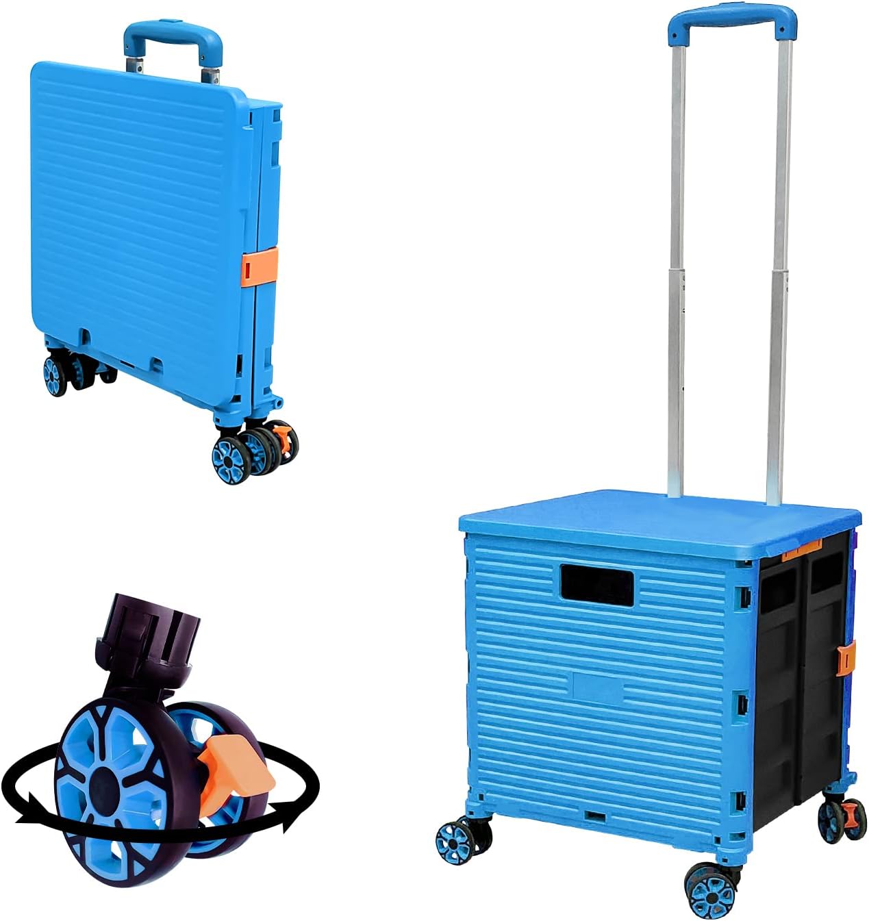FELICON SELORSS Foldable Utility Cart Folding Portable Rolling Crate Handcart with Durable Heavy Duty Telescoping Handle Collapsible 4 Rotate Wheels for Travel Shop Move Luggage Laundry (Light Blue)