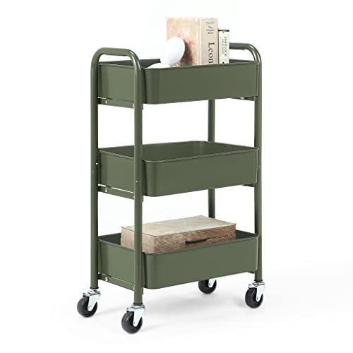 SunnyPoint 3-Tier Delicate Compact Rolling Metal Storage Organizer - Mobile Utility Cart Kitchen/Under Desk Cart with Caster Wheels - Army (15.35" X 10.24" X 26.8"H)