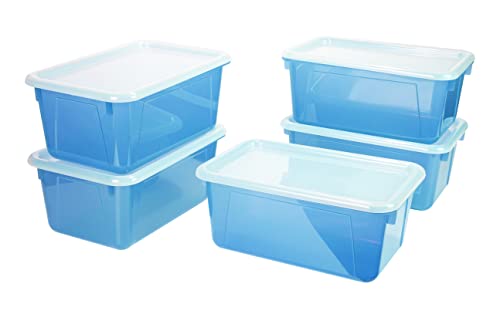 Storex Small Cubby Bins Plastic Storage Containers for Classroom with Non-Snap Lid, 12.2 x 7.8 x 5.1 inches, Tint Teal, 5-Pack (62486A05C)