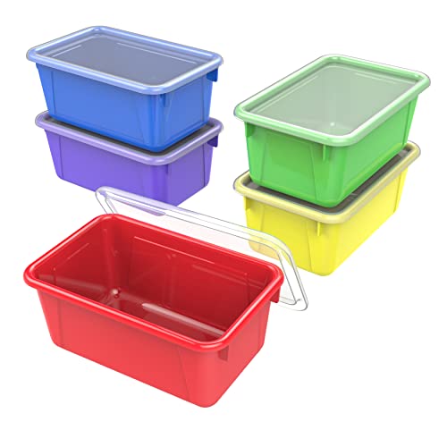 Storex Small Cubby Bins Plastic Storage Containers for Classroom with Non-Snap Lid, 12.2 x 7.8 x 5.1 inches, Assorted Colors, 5-Pack (62406A05C)