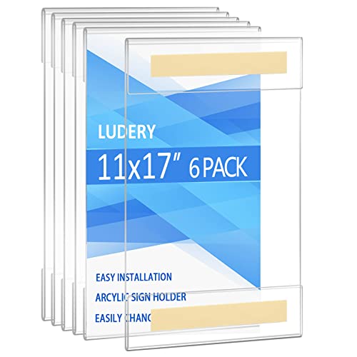 Acrylic Sign Holder 11 x 17 inches Vertical Wall Mount Sign Holders Clear Acrylic Frame with 3M Tape Adhesive Clear Poster Frames Plastic Sign Holder for Office, Home, Restaurant-No Drilling(6 Pack)