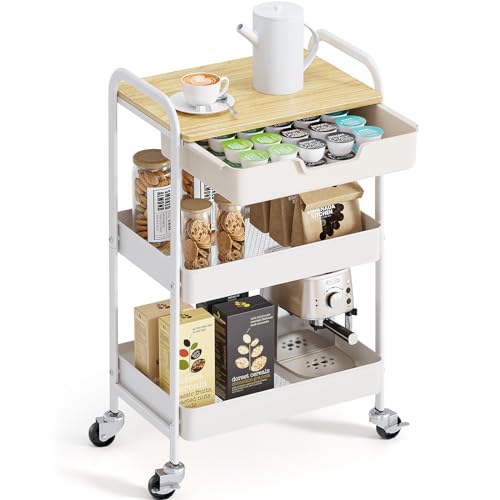 TOOLF 3-Tier Metal Utility Rolling Cart with Drawer and Wooden Table Top, Storage Cart White Trolley Kitchen Organizer Rolling Desk with Locking Wheels for Office, Classroom, Home, Bedroom