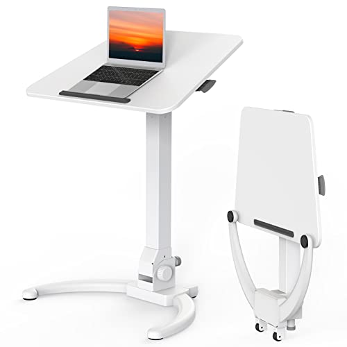 JOY worker Foldable Mobile Standing Desk, Height Adjustable Sit Stand Desk, 90 Tiltable Rolling Laptop Table, Portable Workstation with Wheels Non-Slip Mat for Home Office, Holds Up to 22lbs, White