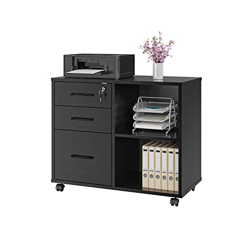 3 Drawer Office File Cabinets, Mobile Lateral Printer Stand with Open Storage Shelf, Rolling Filing Cabinet with Wheels Home Office Organization and Storage (Black)