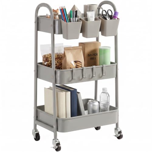 danpinera 3-Tier Rolling Cart, Metal Rolling Storage Cart with Lockable Wheels & Hanging Cups & Hooks, Mobile Trolley Cart for Kitchen, Bathroom, Office, Workshop, Gray
