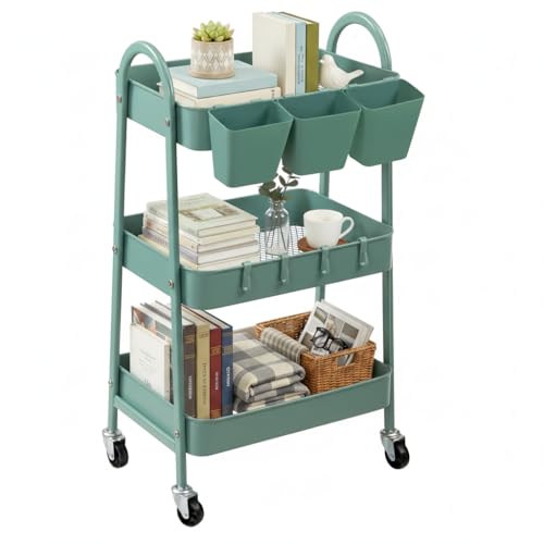 danpinera 3-Tier Rolling Cart, Metal Rolling Storage Cart with Lockable Wheels & Hanging Cups & Hooks, Mobile Trolley for Kitchen, Bathroom, Office, Workshop, Green