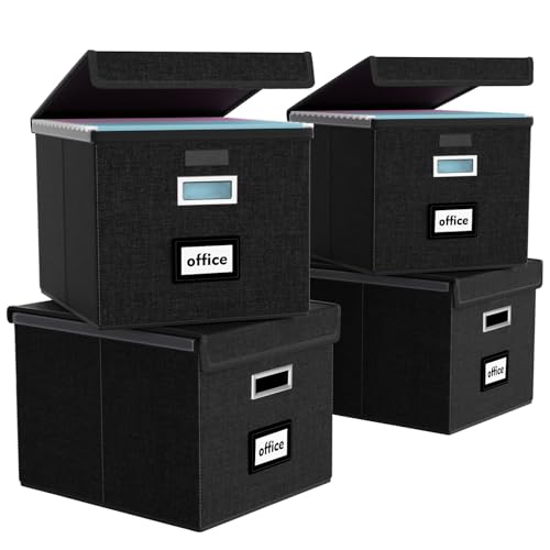 Huolewa New Portable File Organizer Boxes Set of 4, Collapsible Linen Hanging Filing Storage Boxes with Plastic Slide, Decorative Home/Office Filing System for File and Folders Storage (Black)