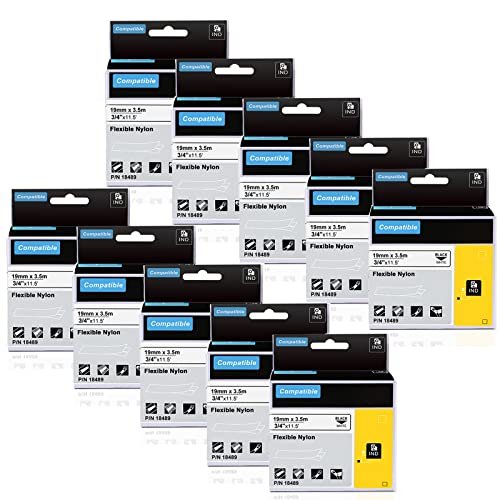 18489 A18489 Tapes Replace for DYMO Rhino 19mm Flexible Nylon Label Compatible with DYMO Rhino 4200 5200 5000 6000 Industrial Label Maker, Black on White, 3/4" x 11.5' (19mm x 3.5m),10-Pack