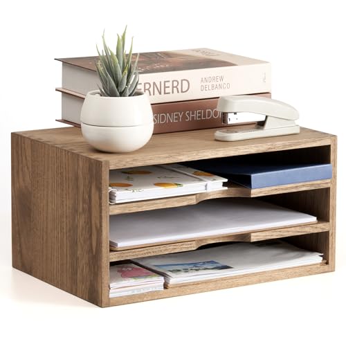 KIRIGEN Wooden Desktop Organizer Paper Storage Letter Tray File Sorter - Desk Rack Magazine File Dividers Holders for Home Office Accessories with 3 Layer Trays Dark Brown (3KWJG-DBR)
