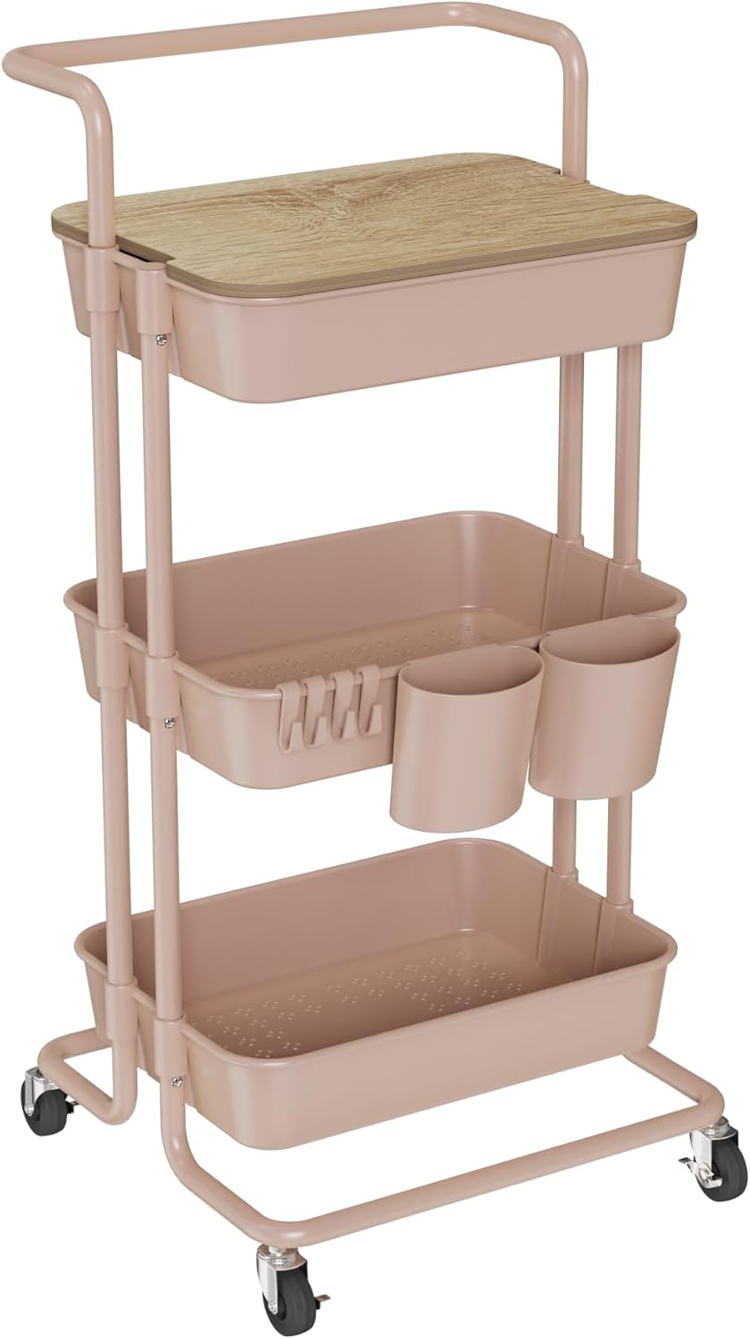 DTK 3 Tier Rolling Utility Cart (Pink)