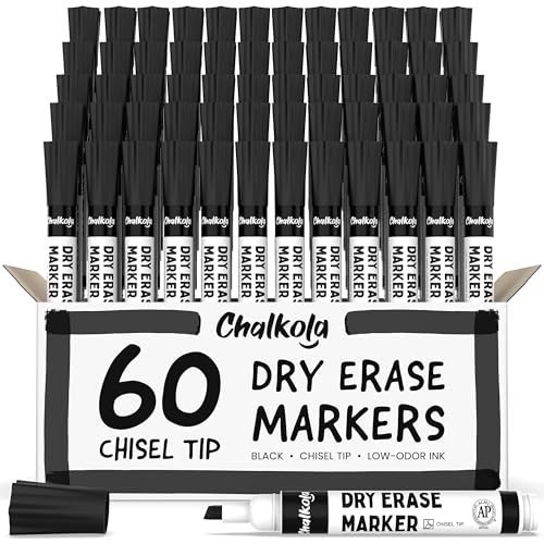 Chalkola 60 Black Dry Erase Markers Bulk Pack, Black Chisel Point White Board Marker Dry Erase Pens - Low Odor Whiteboard Markers for Kids, Home, Office, Back to School Supplies