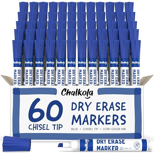 Chalkola 60 Blue Dry Erase Markers Bulk Pack, Blue Chisel Point White Dry Erase Pens - Low Odor Whiteboard Markers for Kids, Home, Office, Back to School Supplies