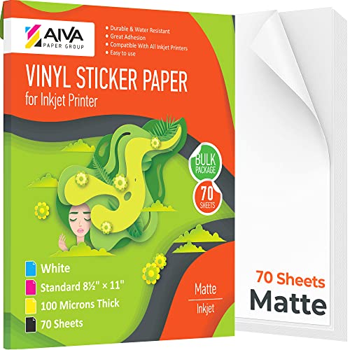 Printable Vinyl Sticker Paper - Waterproof Decal Paper for Inkjet Printer - 70 Self-Adhesive Sheets - Matte White - Standard Letter Size 8.5"x11"